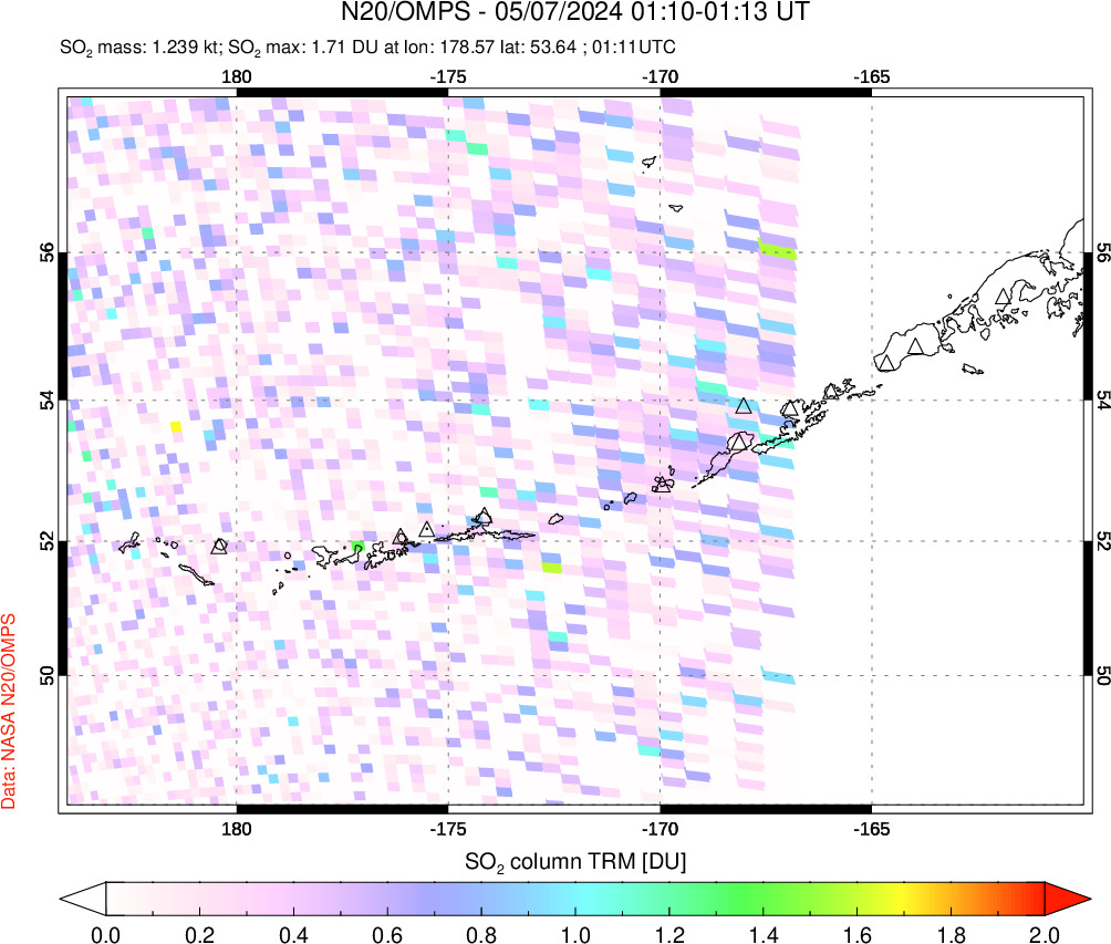 A sulfur dioxide image over Aleutian Islands, Alaska, USA on May 07, 2024.