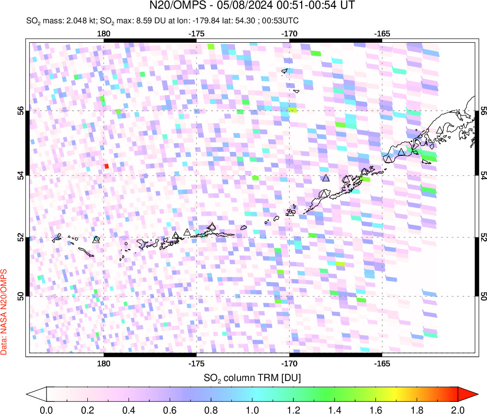 A sulfur dioxide image over Aleutian Islands, Alaska, USA on May 08, 2024.