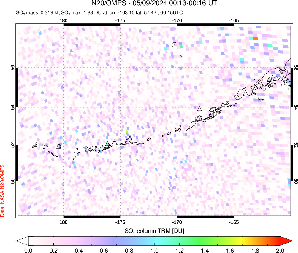 A sulfur dioxide image over Aleutian Islands, Alaska, USA on May 09, 2024.