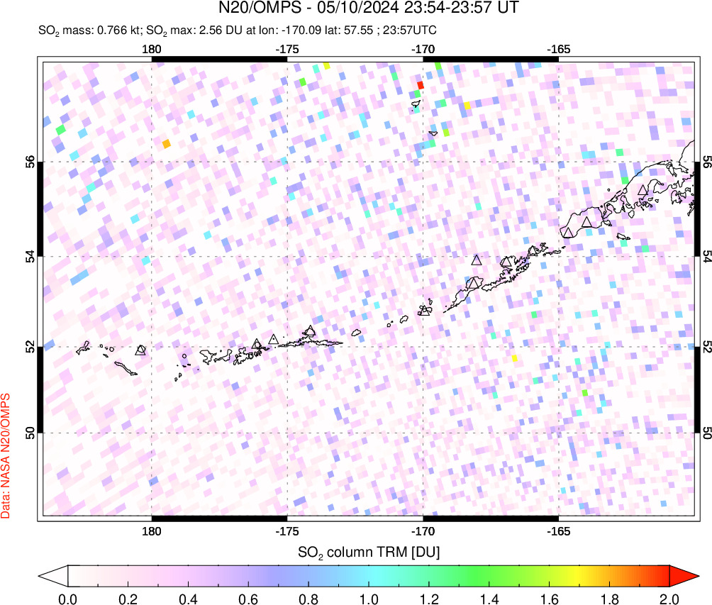 A sulfur dioxide image over Aleutian Islands, Alaska, USA on May 10, 2024.