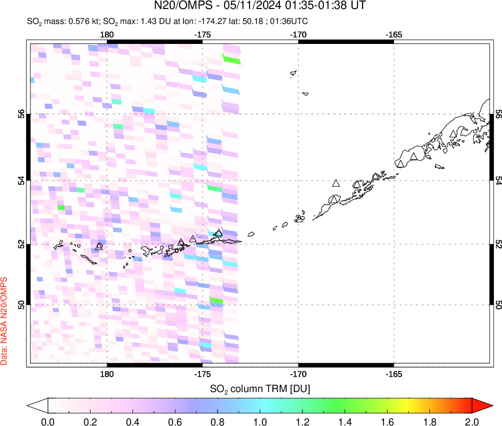 A sulfur dioxide image over Aleutian Islands, Alaska, USA on May 11, 2024.