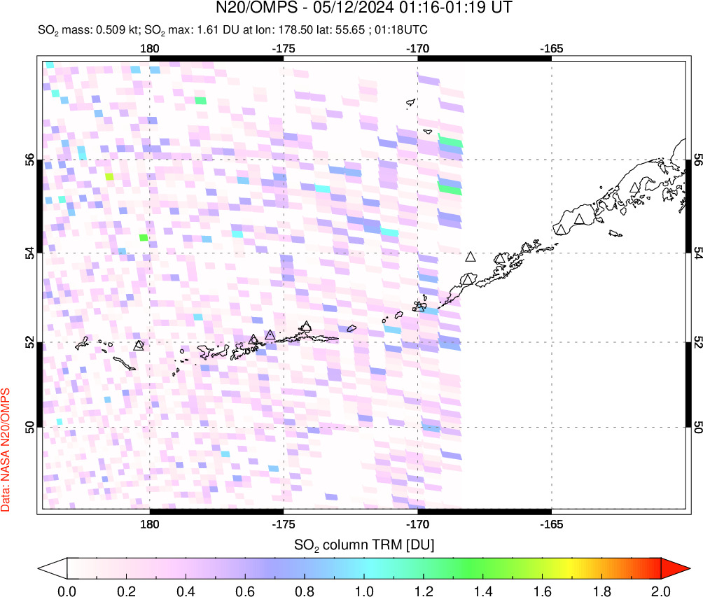 A sulfur dioxide image over Aleutian Islands, Alaska, USA on May 12, 2024.