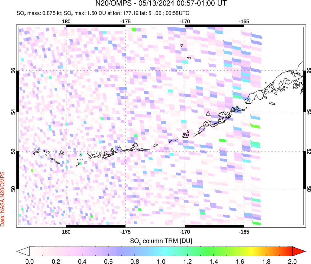 A sulfur dioxide image over Aleutian Islands, Alaska, USA on May 13, 2024.