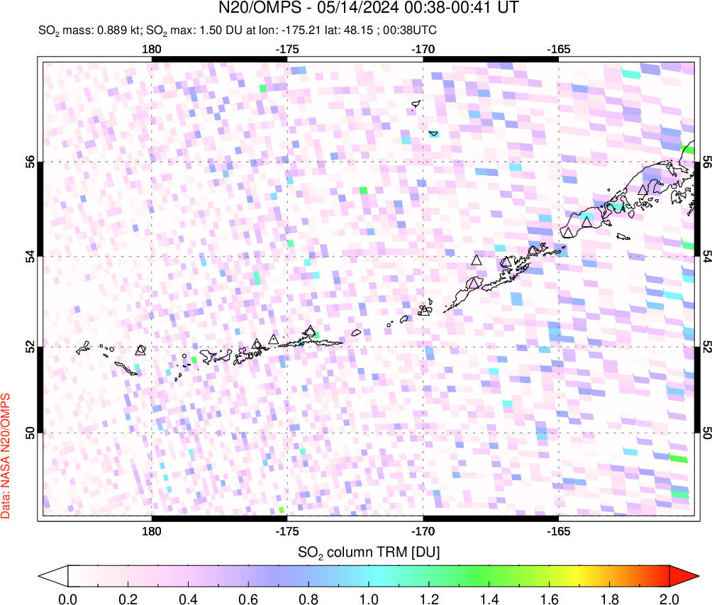 A sulfur dioxide image over Aleutian Islands, Alaska, USA on May 14, 2024.