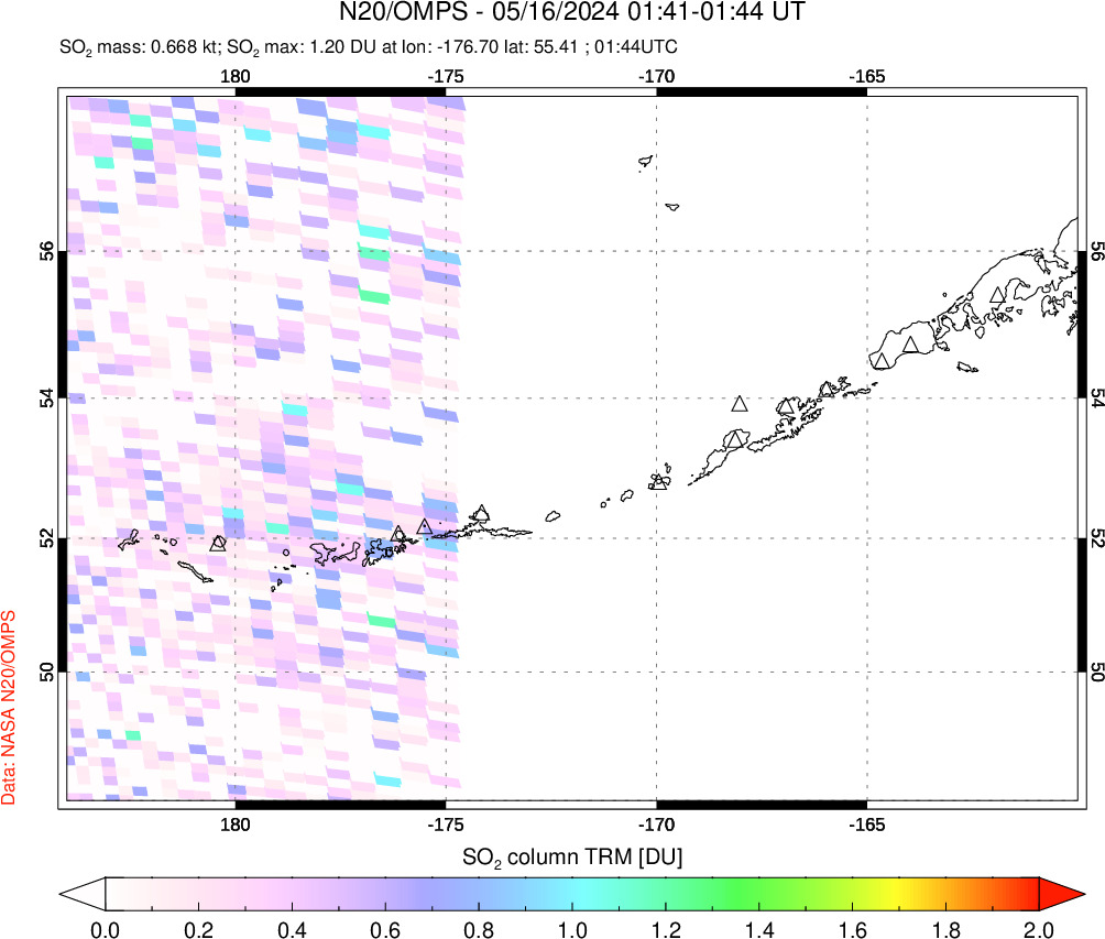 A sulfur dioxide image over Aleutian Islands, Alaska, USA on May 16, 2024.