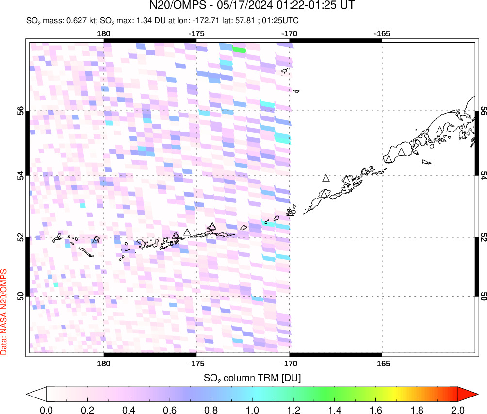 A sulfur dioxide image over Aleutian Islands, Alaska, USA on May 17, 2024.