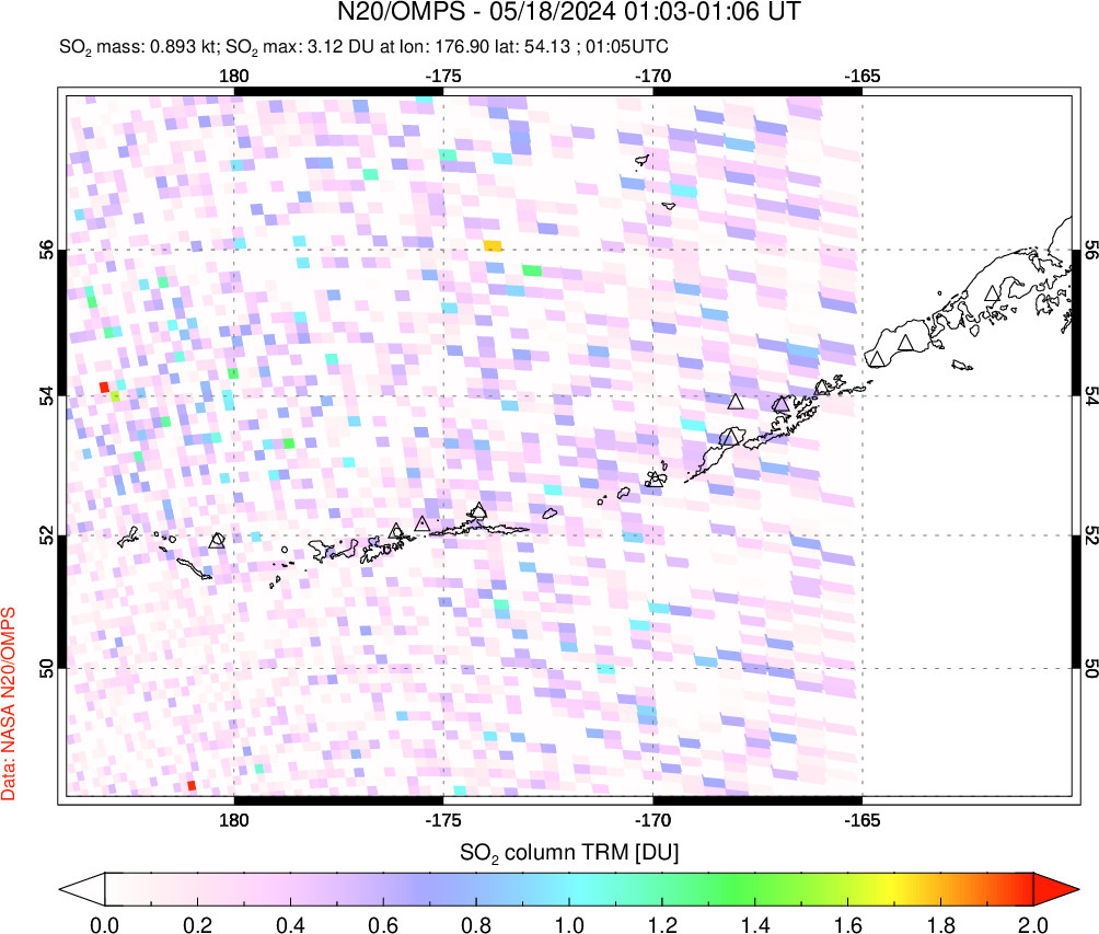 A sulfur dioxide image over Aleutian Islands, Alaska, USA on May 18, 2024.