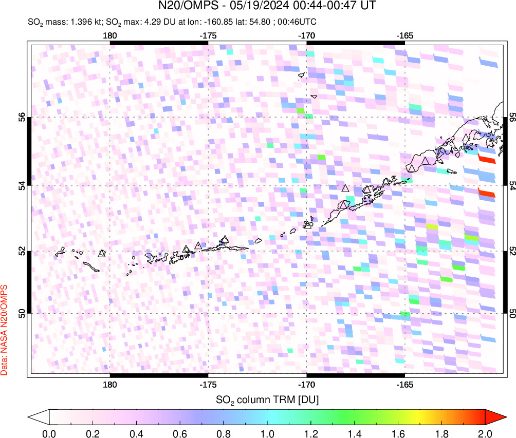 A sulfur dioxide image over Aleutian Islands, Alaska, USA on May 19, 2024.