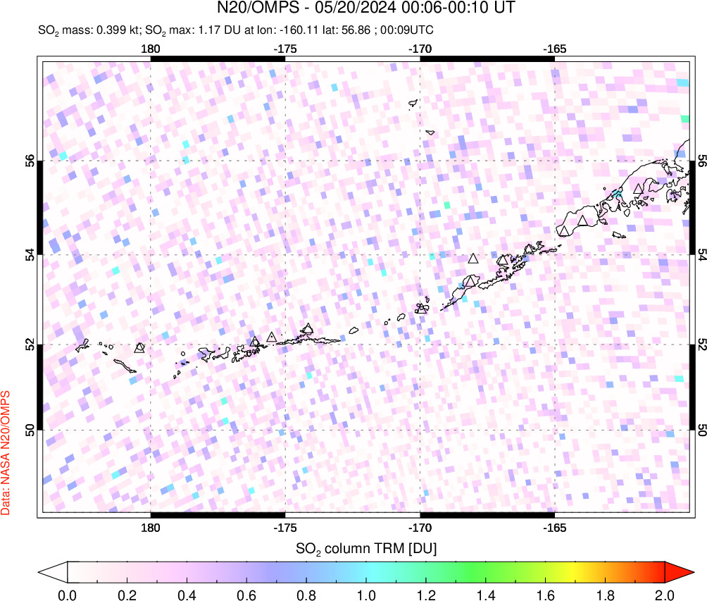 A sulfur dioxide image over Aleutian Islands, Alaska, USA on May 20, 2024.