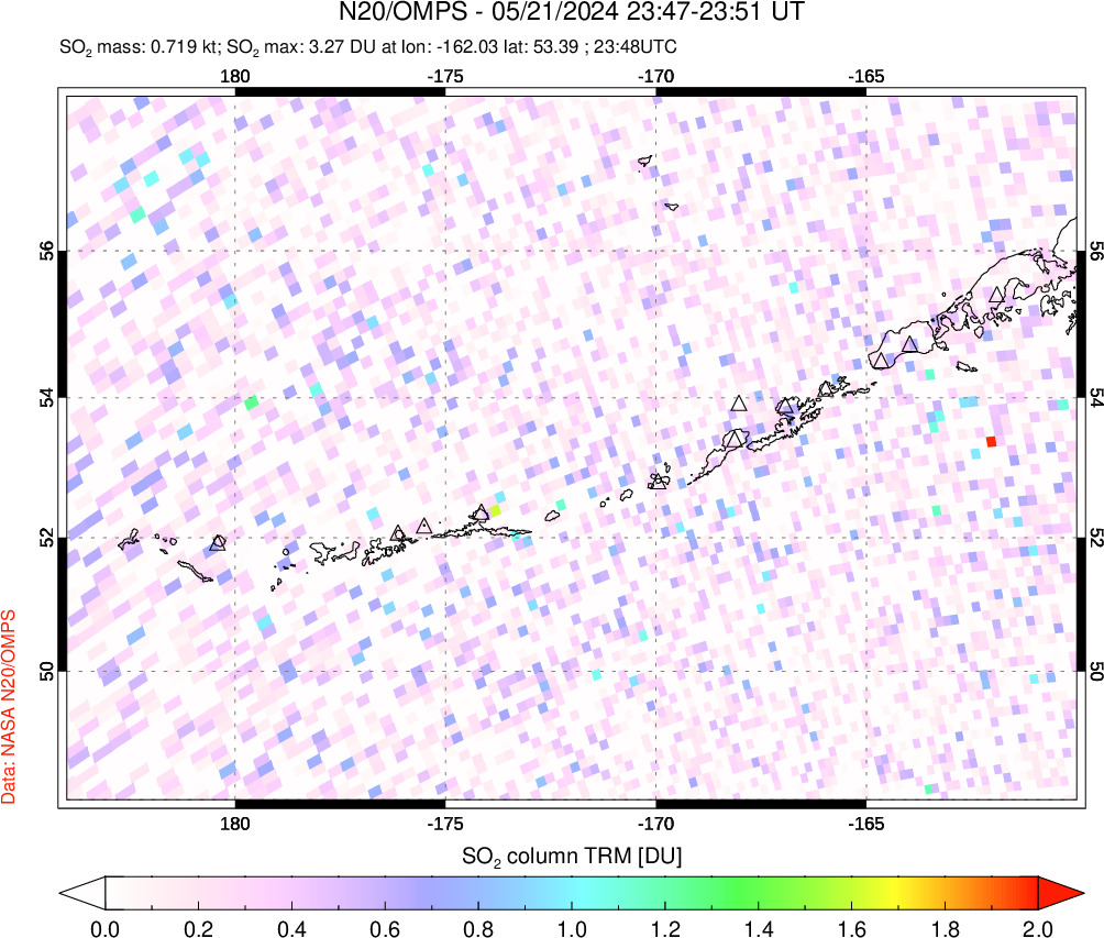 A sulfur dioxide image over Aleutian Islands, Alaska, USA on May 21, 2024.