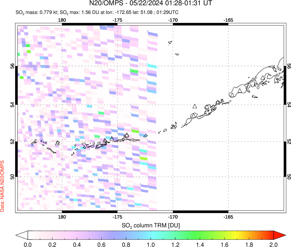 A sulfur dioxide image over Aleutian Islands, Alaska, USA on May 22, 2024.