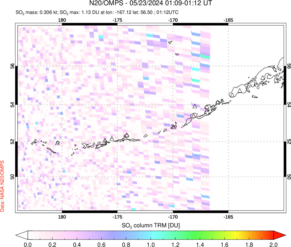 A sulfur dioxide image over Aleutian Islands, Alaska, USA on May 23, 2024.