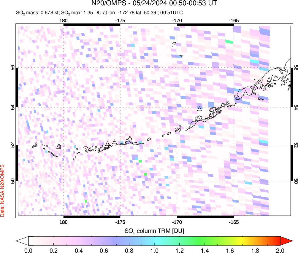 A sulfur dioxide image over Aleutian Islands, Alaska, USA on May 24, 2024.