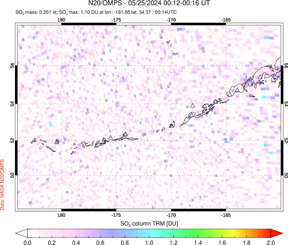 A sulfur dioxide image over Aleutian Islands, Alaska, USA on May 25, 2024.