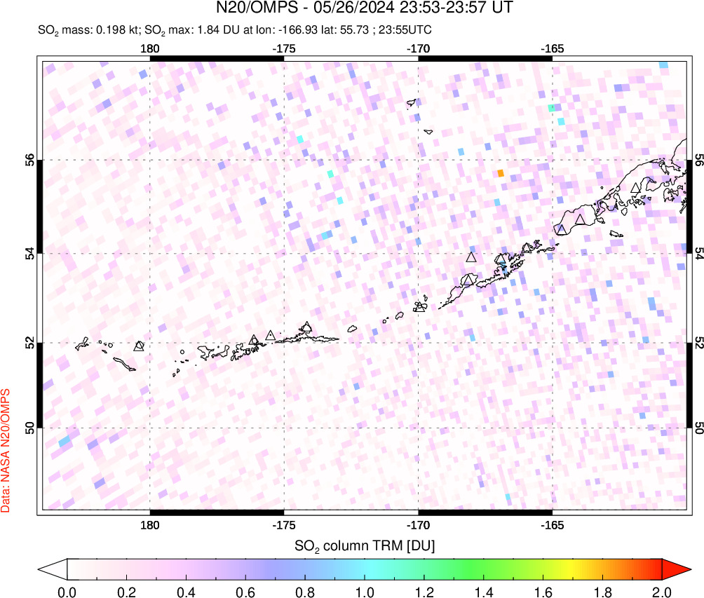 A sulfur dioxide image over Aleutian Islands, Alaska, USA on May 26, 2024.