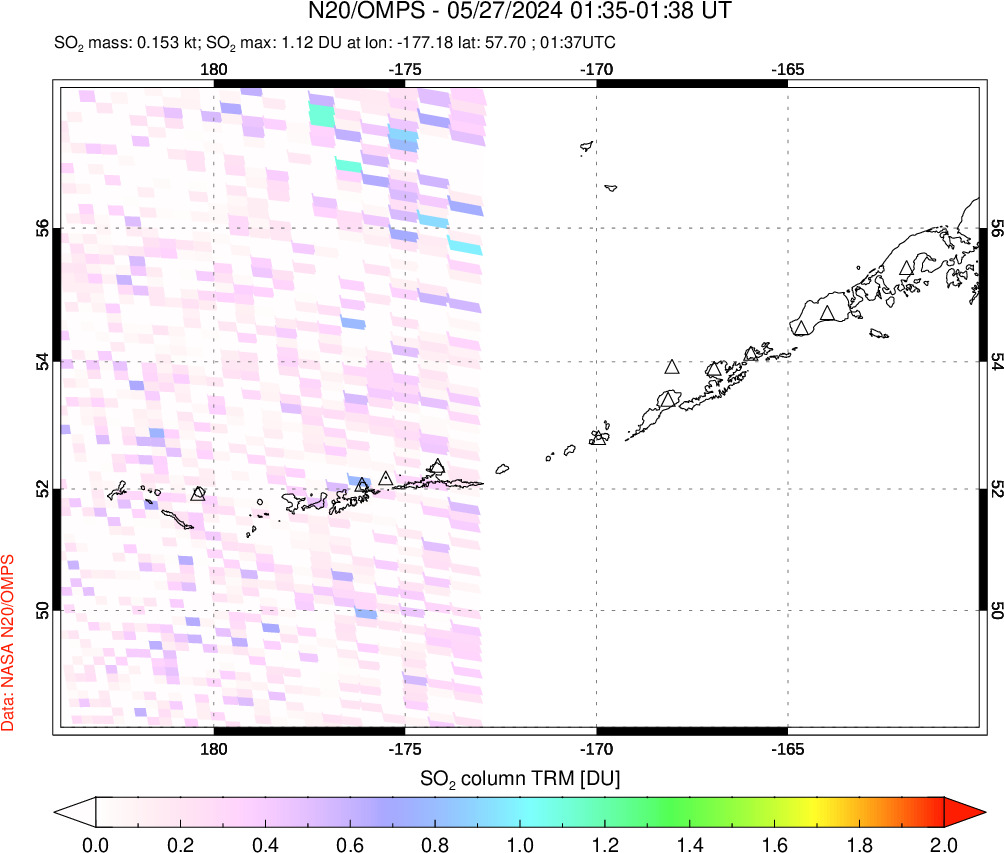 A sulfur dioxide image over Aleutian Islands, Alaska, USA on May 27, 2024.