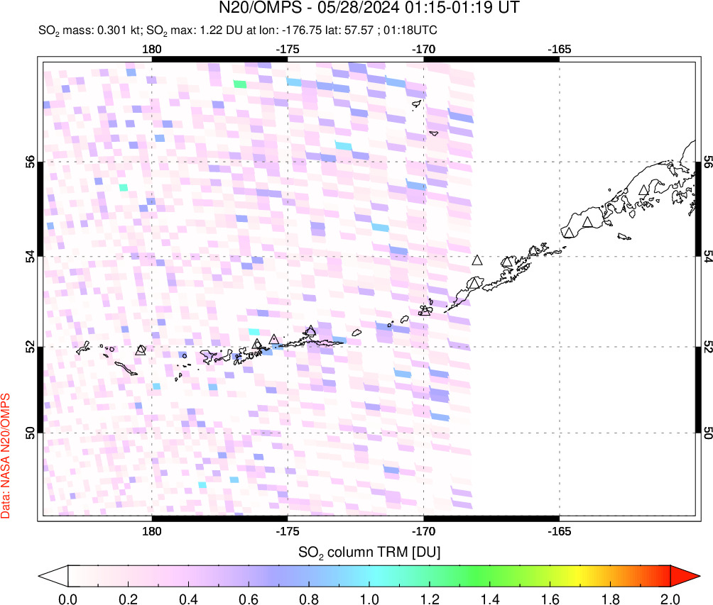 A sulfur dioxide image over Aleutian Islands, Alaska, USA on May 28, 2024.