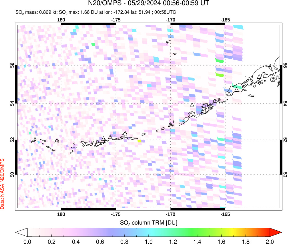 A sulfur dioxide image over Aleutian Islands, Alaska, USA on May 29, 2024.