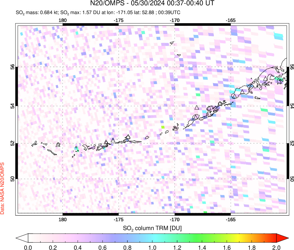 A sulfur dioxide image over Aleutian Islands, Alaska, USA on May 30, 2024.