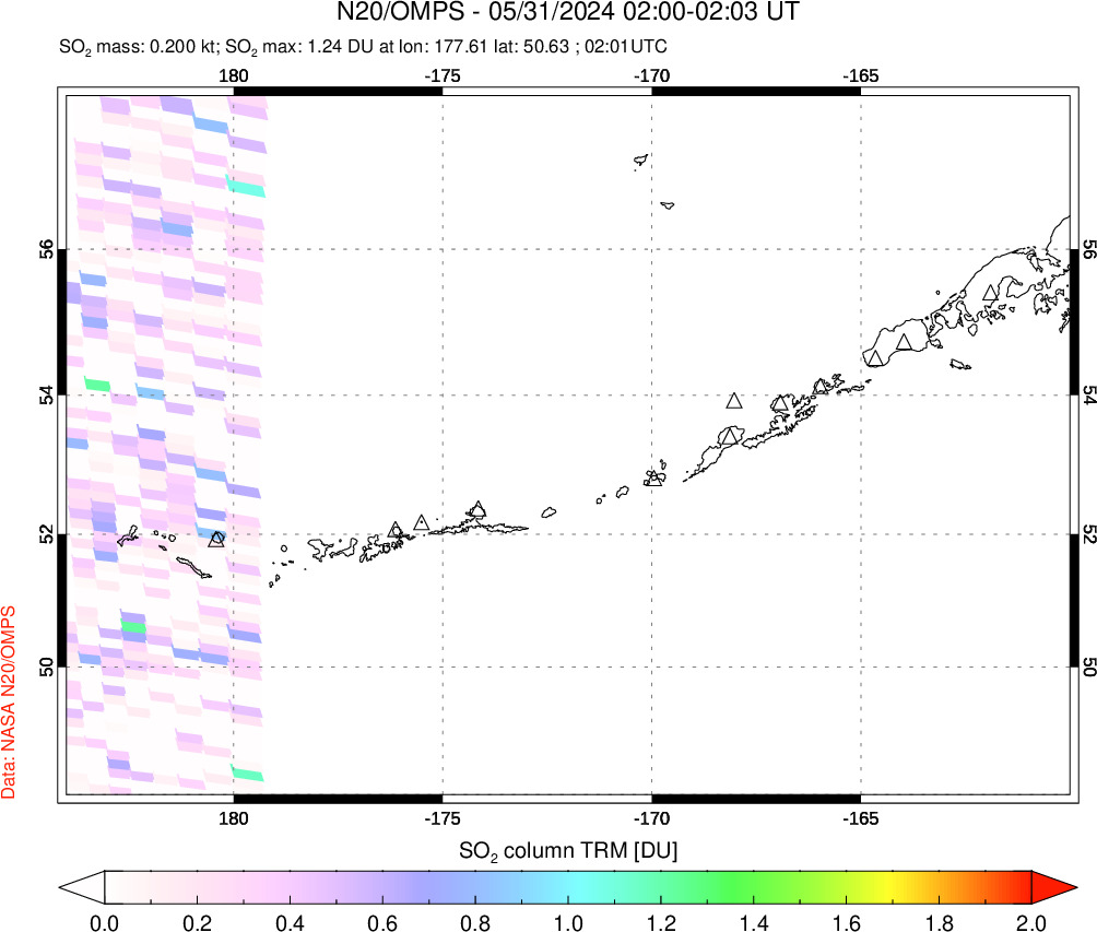 A sulfur dioxide image over Aleutian Islands, Alaska, USA on May 31, 2024.