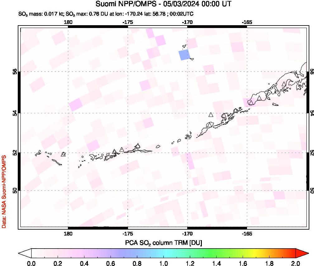 A sulfur dioxide image over Aleutian Islands, Alaska, USA on May 03, 2024.