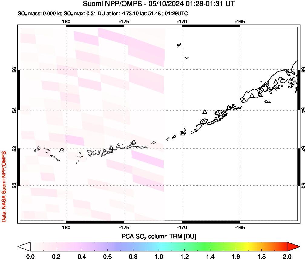 A sulfur dioxide image over Aleutian Islands, Alaska, USA on May 10, 2024.