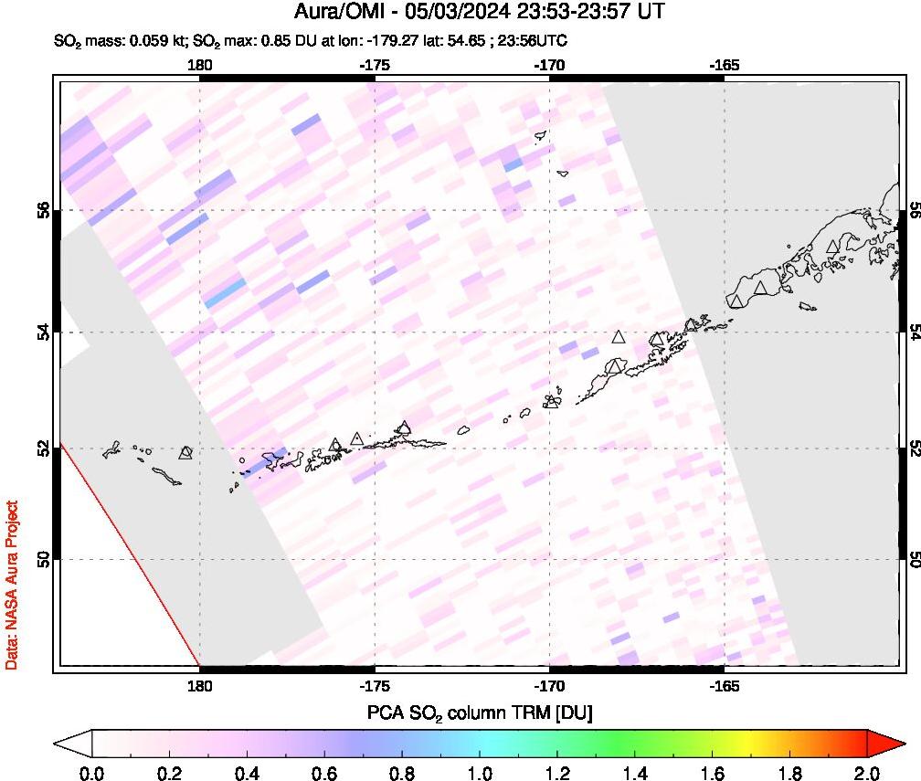A sulfur dioxide image over Aleutian Islands, Alaska, USA on May 03, 2024.
