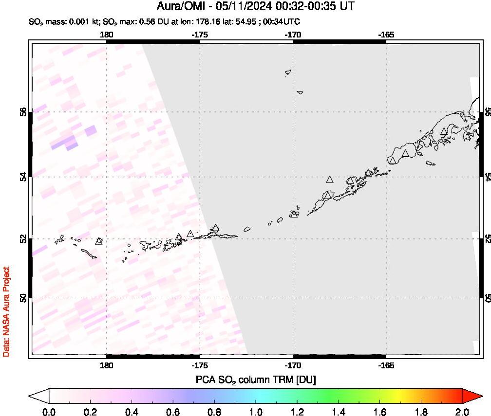 A sulfur dioxide image over Aleutian Islands, Alaska, USA on May 11, 2024.