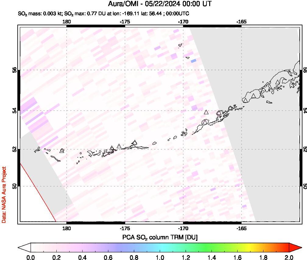 A sulfur dioxide image over Aleutian Islands, Alaska, USA on May 22, 2024.