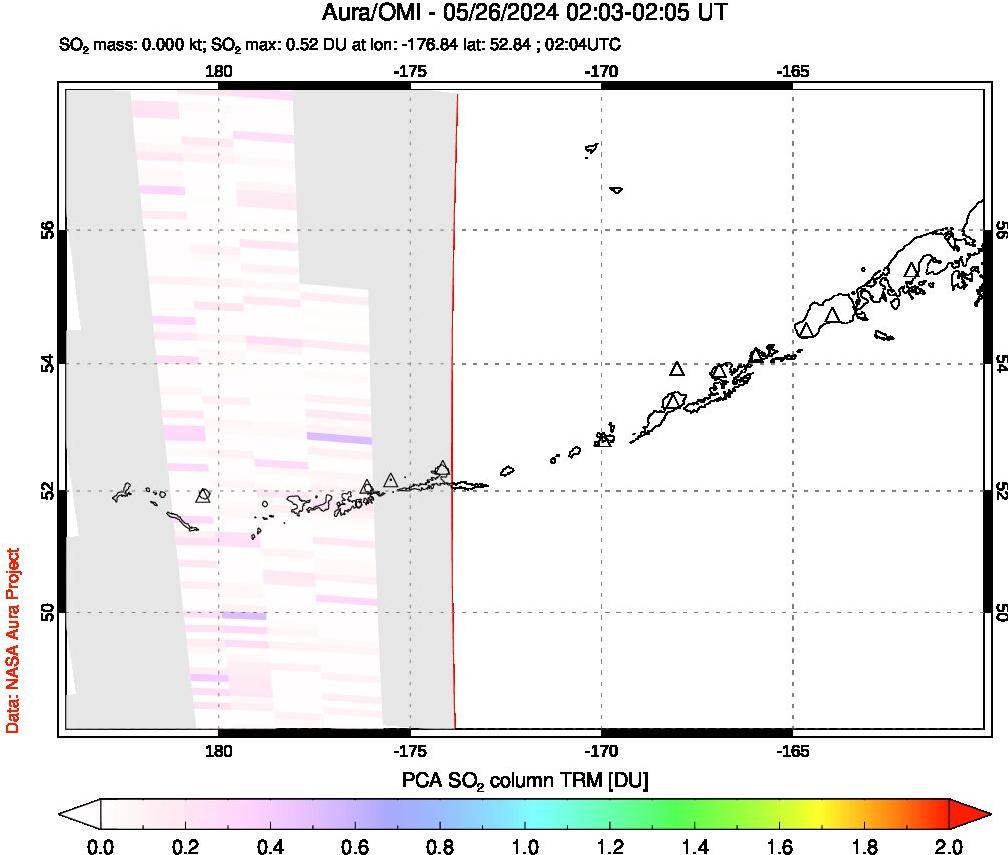A sulfur dioxide image over Aleutian Islands, Alaska, USA on May 26, 2024.