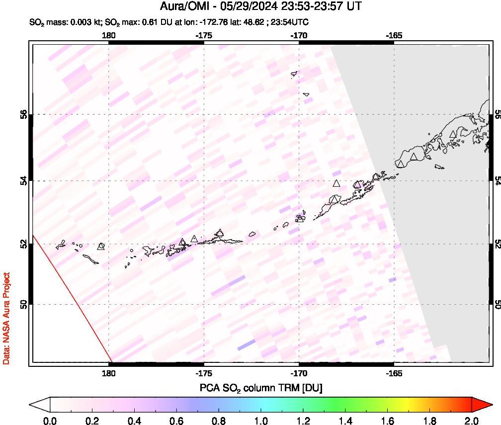 A sulfur dioxide image over Aleutian Islands, Alaska, USA on May 29, 2024.