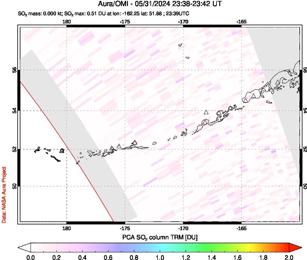 A sulfur dioxide image over Aleutian Islands, Alaska, USA on May 31, 2024.