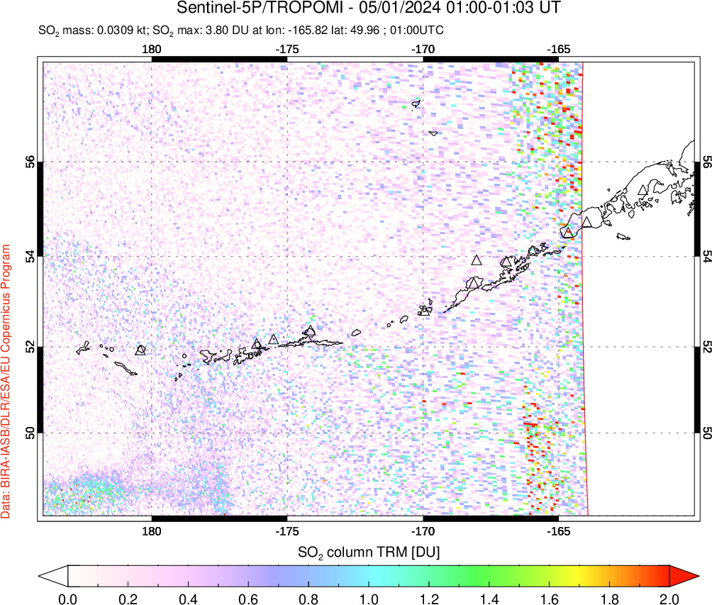 A sulfur dioxide image over Aleutian Islands, Alaska, USA on May 01, 2024.