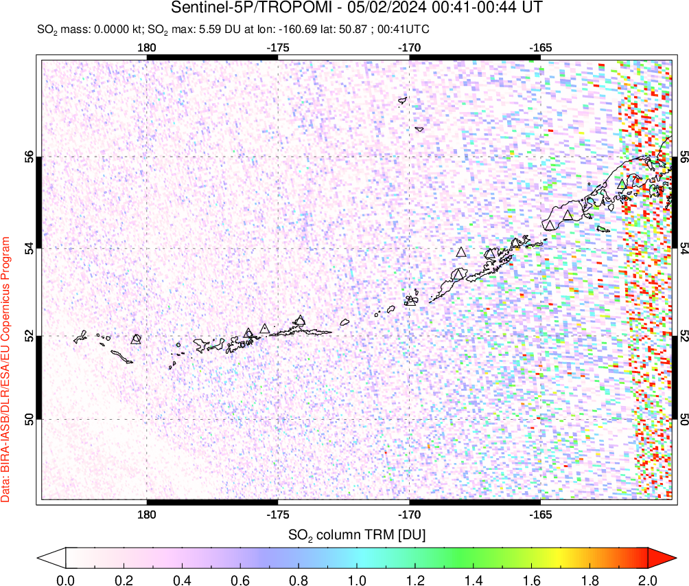 A sulfur dioxide image over Aleutian Islands, Alaska, USA on May 02, 2024.