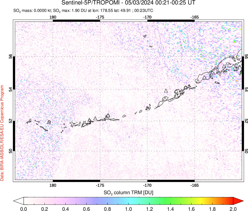 A sulfur dioxide image over Aleutian Islands, Alaska, USA on May 03, 2024.