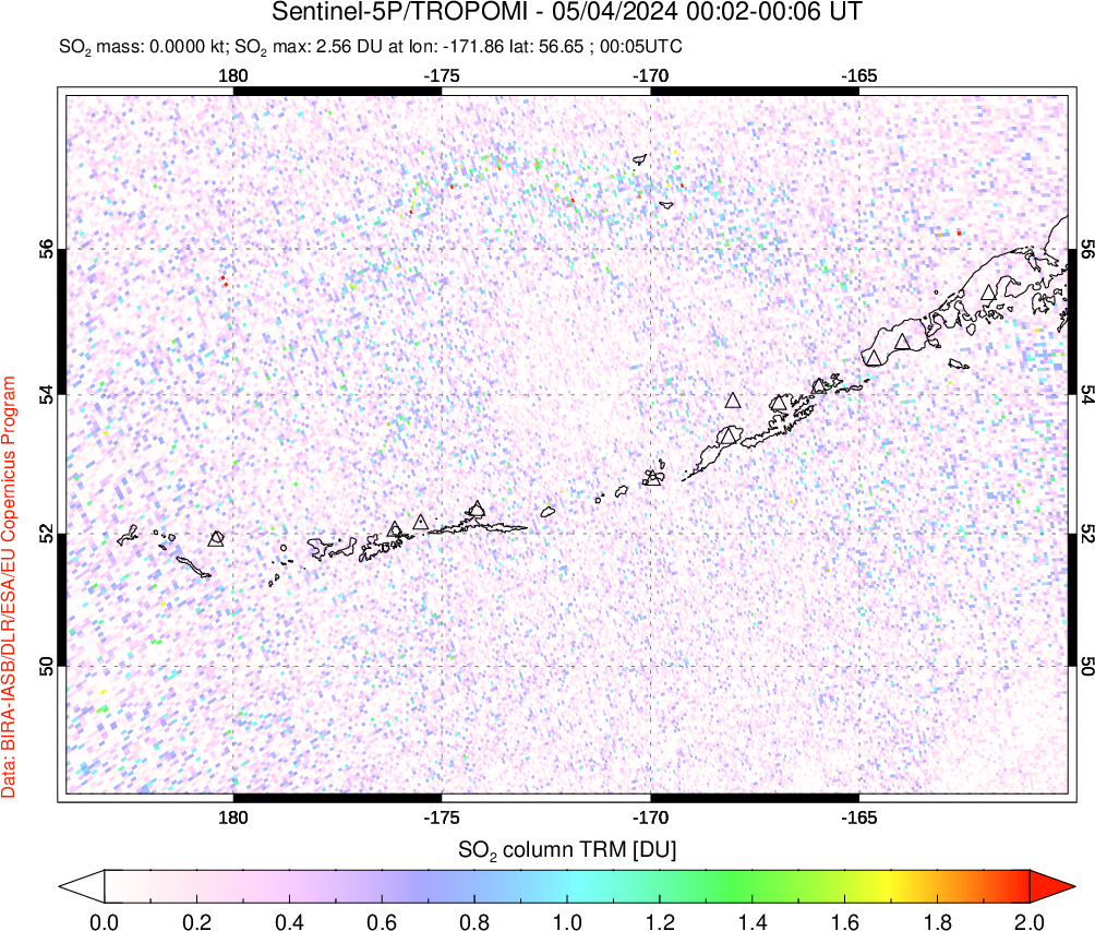 A sulfur dioxide image over Aleutian Islands, Alaska, USA on May 04, 2024.