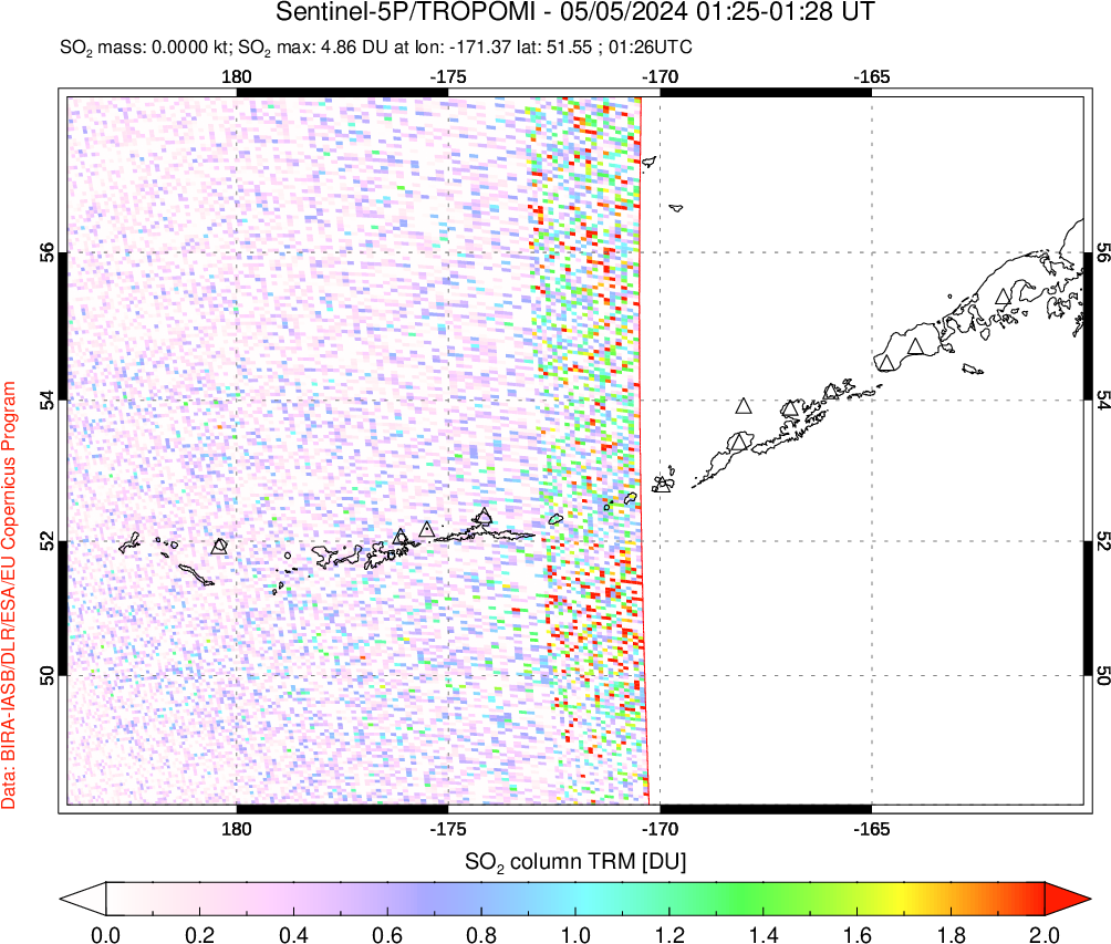 A sulfur dioxide image over Aleutian Islands, Alaska, USA on May 05, 2024.