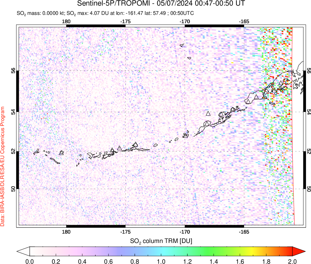 A sulfur dioxide image over Aleutian Islands, Alaska, USA on May 07, 2024.