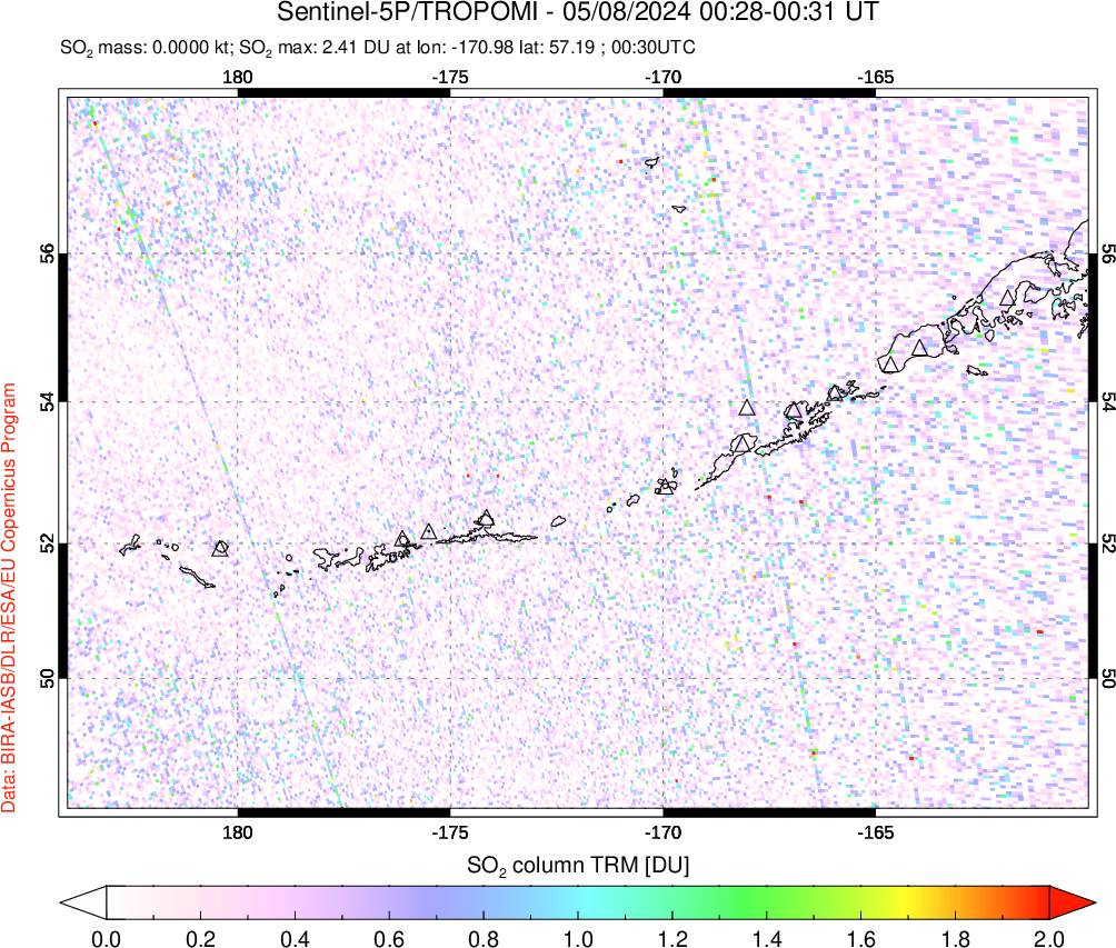 A sulfur dioxide image over Aleutian Islands, Alaska, USA on May 08, 2024.