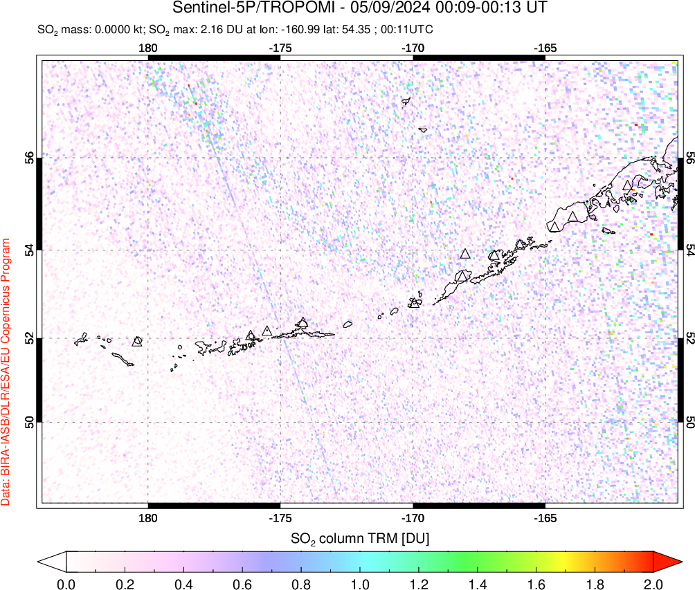 A sulfur dioxide image over Aleutian Islands, Alaska, USA on May 09, 2024.