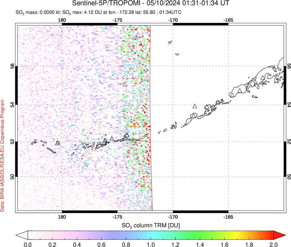 A sulfur dioxide image over Aleutian Islands, Alaska, USA on May 10, 2024.