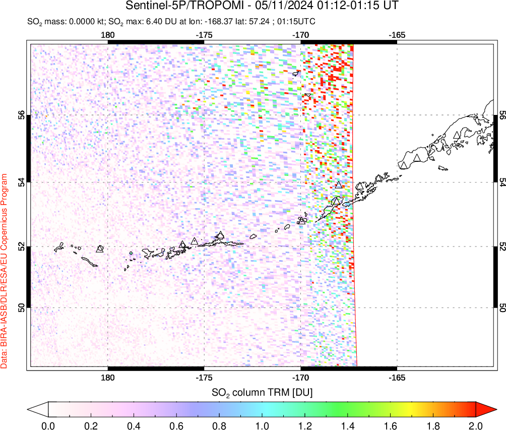 A sulfur dioxide image over Aleutian Islands, Alaska, USA on May 11, 2024.