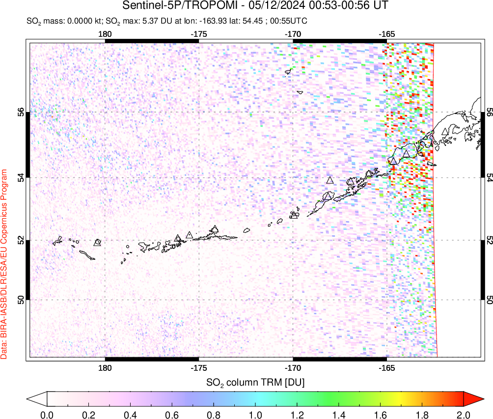 A sulfur dioxide image over Aleutian Islands, Alaska, USA on May 12, 2024.