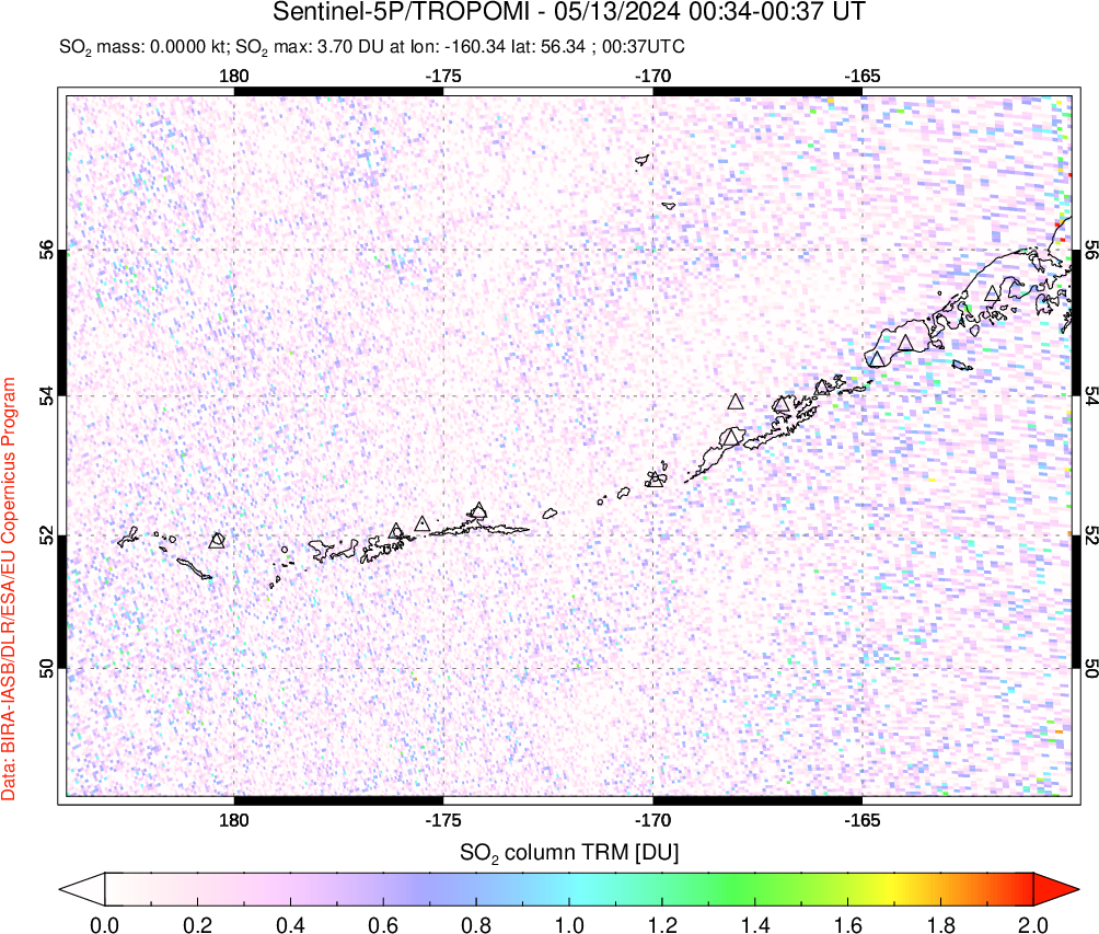 A sulfur dioxide image over Aleutian Islands, Alaska, USA on May 13, 2024.