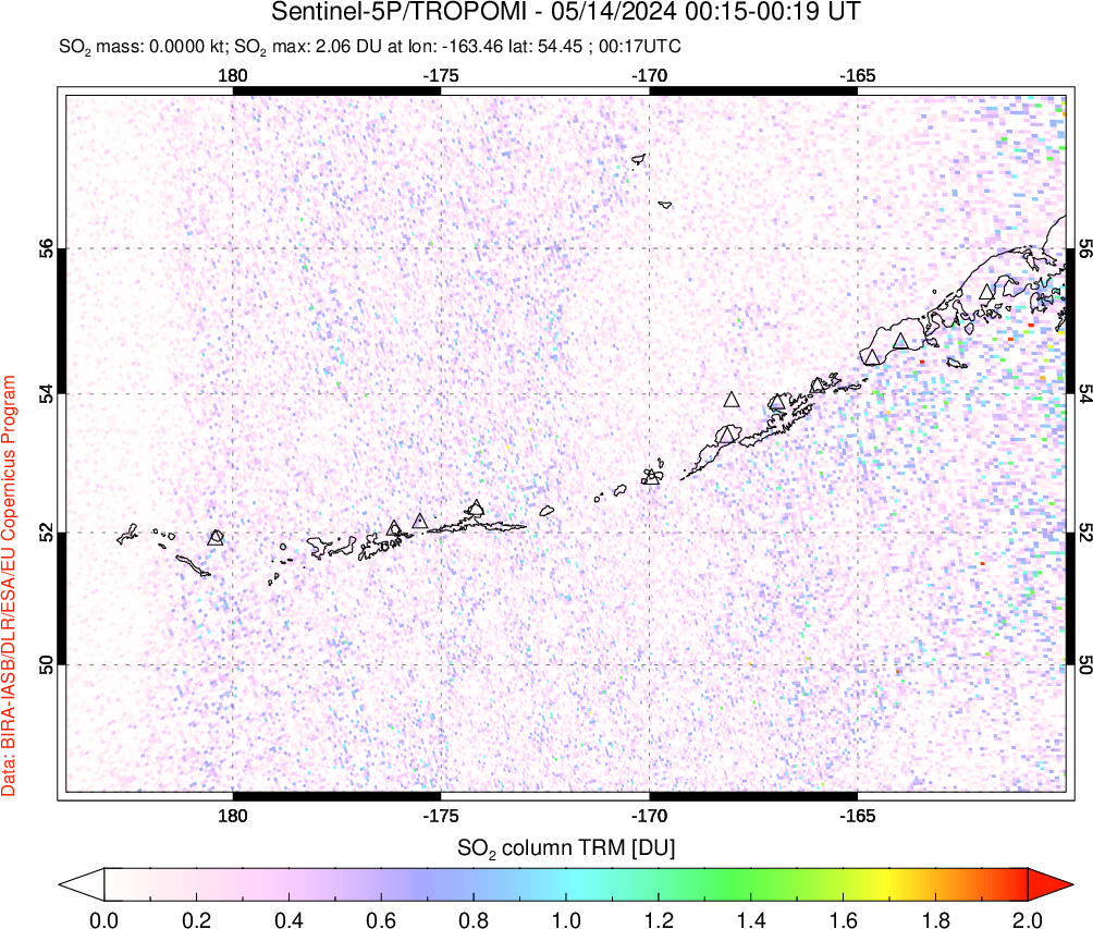 A sulfur dioxide image over Aleutian Islands, Alaska, USA on May 14, 2024.