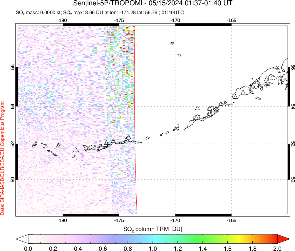 A sulfur dioxide image over Aleutian Islands, Alaska, USA on May 15, 2024.