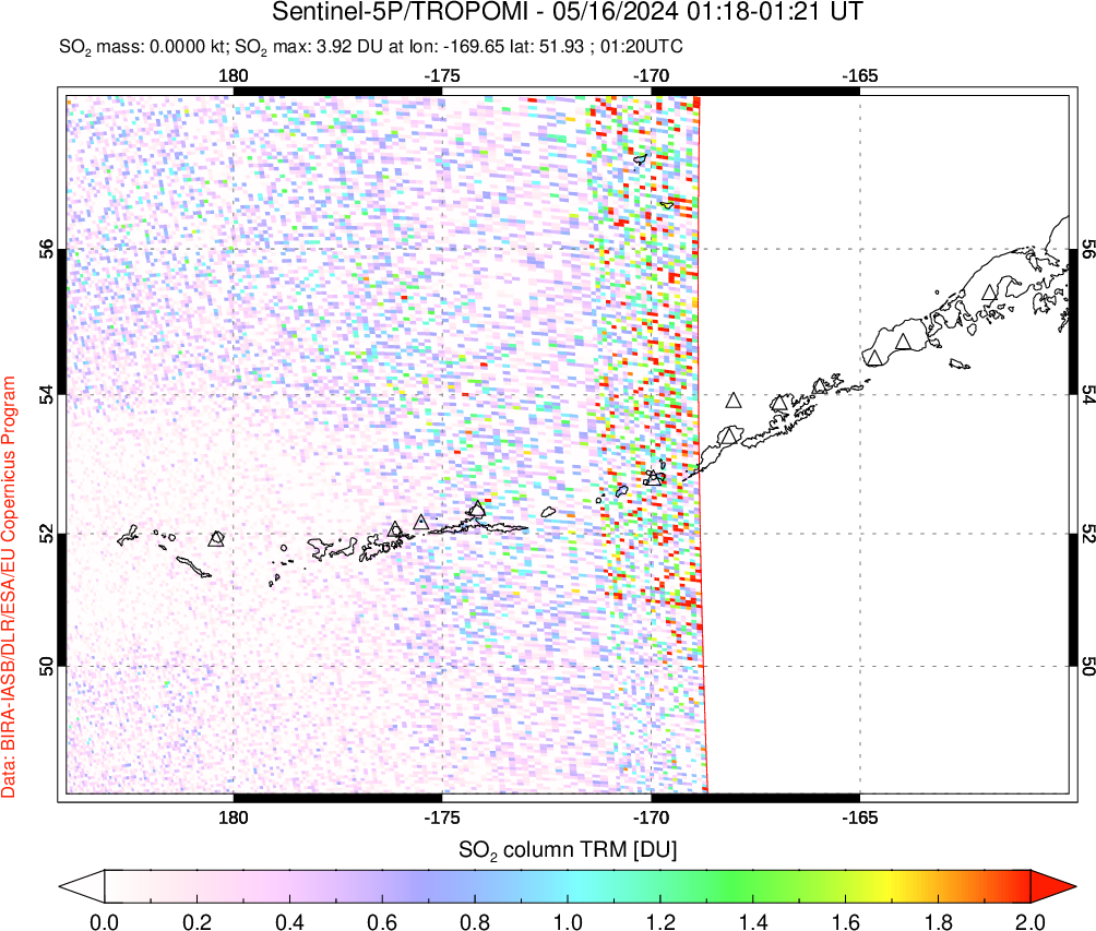 A sulfur dioxide image over Aleutian Islands, Alaska, USA on May 16, 2024.