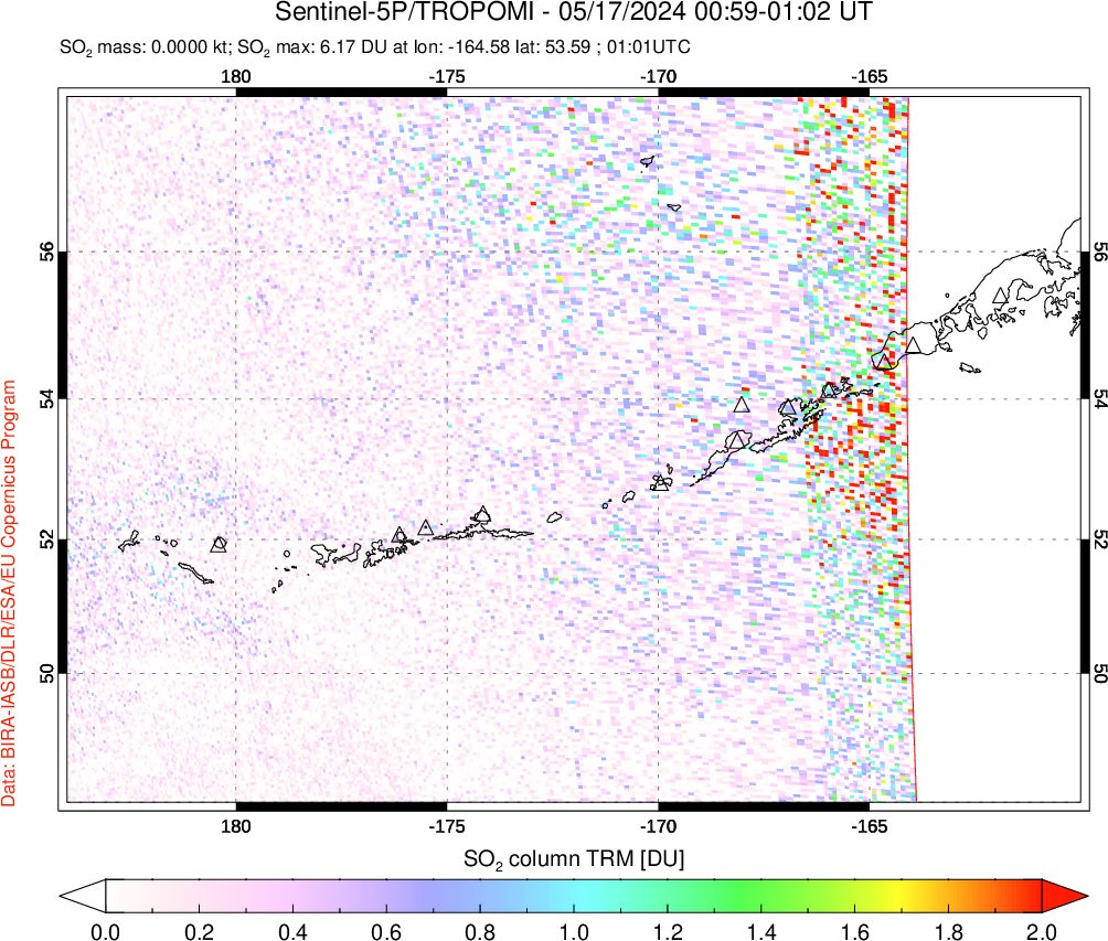 A sulfur dioxide image over Aleutian Islands, Alaska, USA on May 17, 2024.