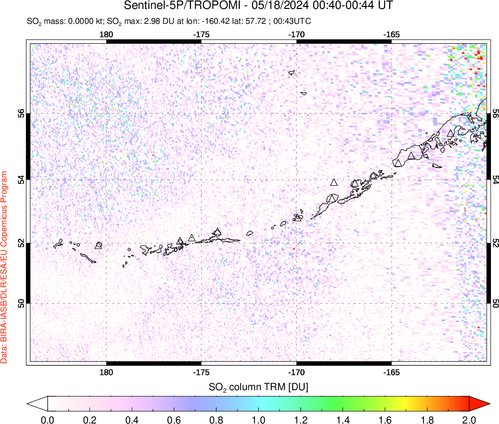 A sulfur dioxide image over Aleutian Islands, Alaska, USA on May 18, 2024.