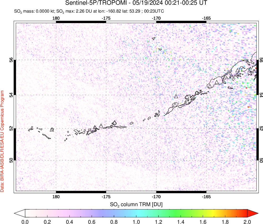 A sulfur dioxide image over Aleutian Islands, Alaska, USA on May 19, 2024.